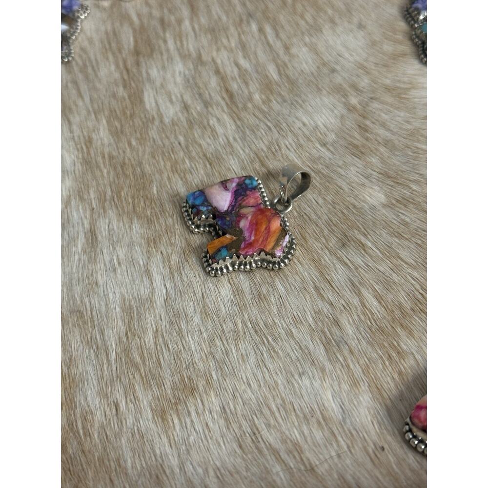 Native American SW Sterling Silver Pink Dahlia Turquoise Cow Steer Bull Pendant - Picture 4 of 7